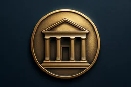 Engraved gold emblem of a bank building facade on a navy background