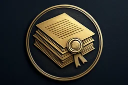 Engraved gold emblem of a sealed document stack on a navy background