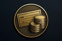 Engraved gold emblem of coins and a cheque on a navy background