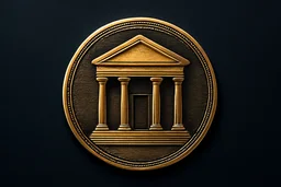 Engraved gold emblem of a classical regulatory building on a navy background