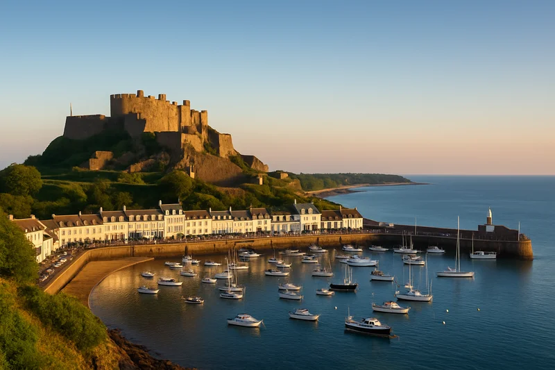 Jersey Saint Helier harbour with Elizabeth Castle