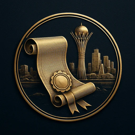 Engraved gold medallion of an ornate certificate with the Kazakhstan skyline