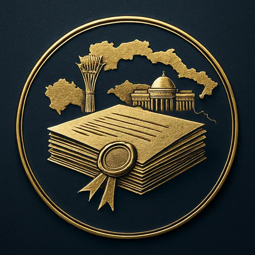 Engraved gold medallion of official documents with the Kazakhstan skyline