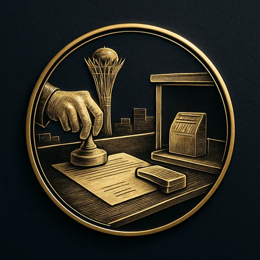 Engraved gold medallion of a document being filed with the Kazakhstan skyline