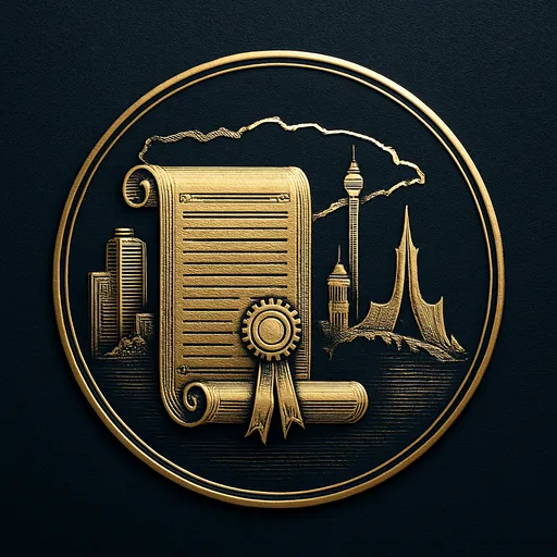Engraved gold medallion of an ornate certificate with the Kyrgyzstan skyline