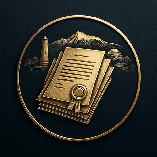 Engraved gold medallion of official documents with the Kyrgyzstan skyline