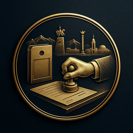 Engraved gold medallion of a document being filed with the Kyrgyzstan skyline