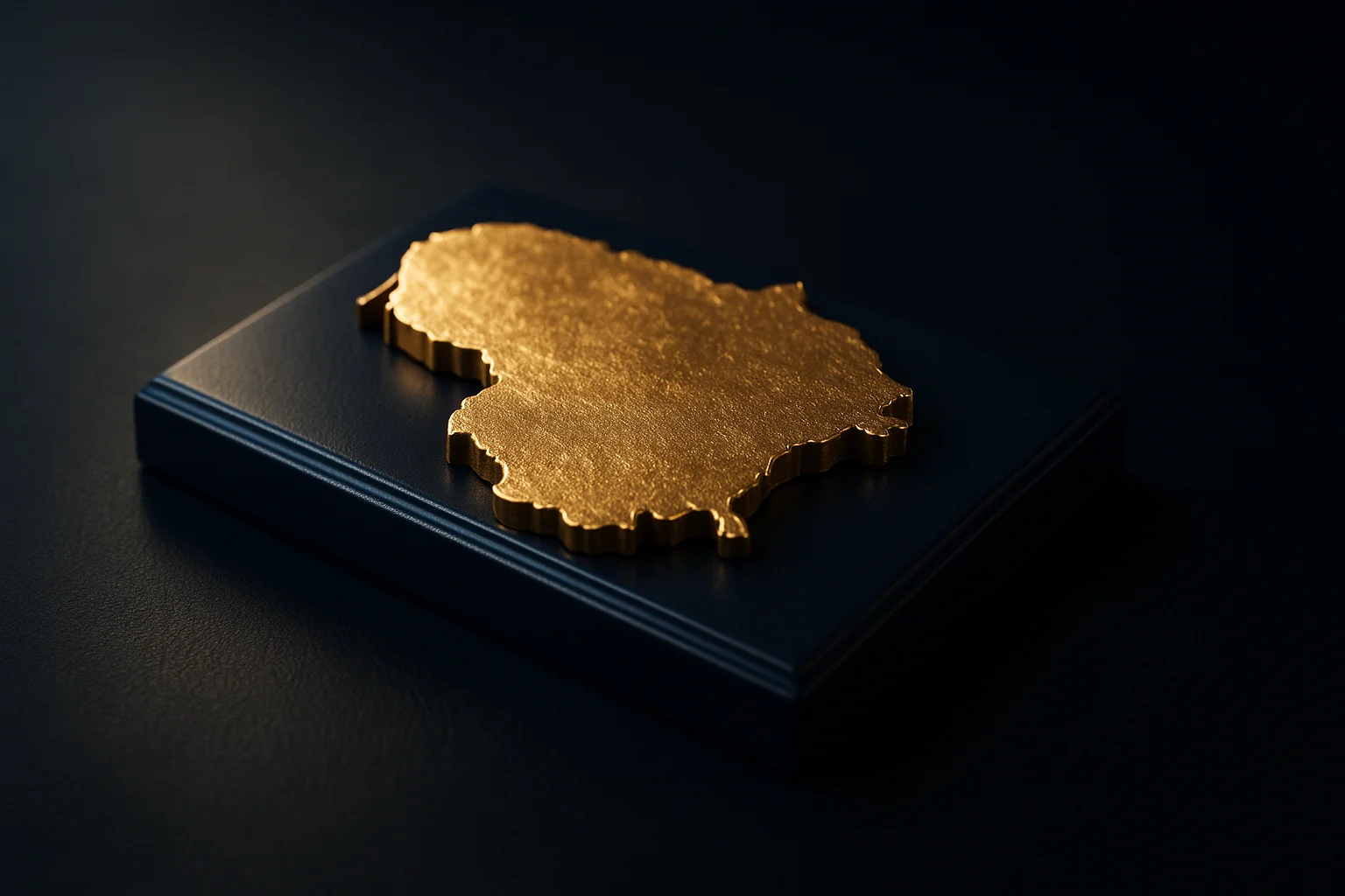 Gilded relief map and metallic skyline silhouette of Lithuania on a navy base, studio-lit still life