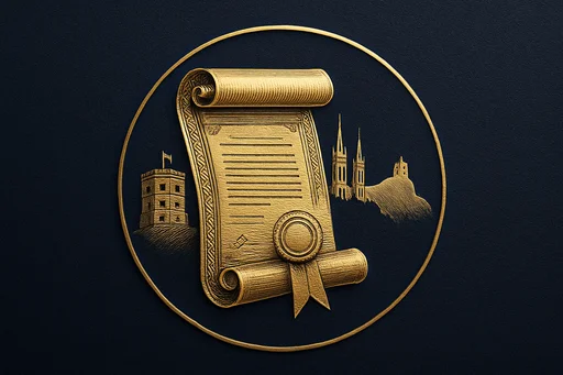 Engraved gold medallion of an ornate certificate with the Lithuania skyline
