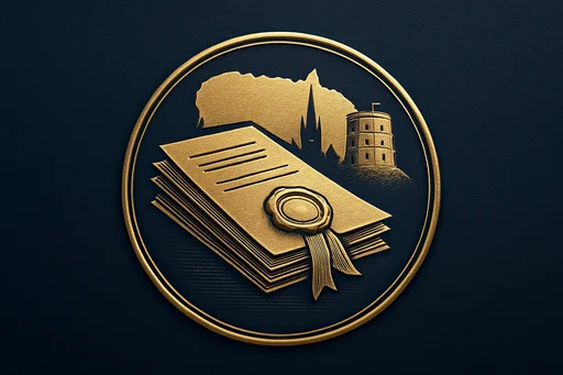 Engraved gold medallion of official documents with the Lithuania skyline