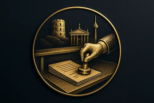 Engraved gold medallion of a document being filed with the Lithuania skyline