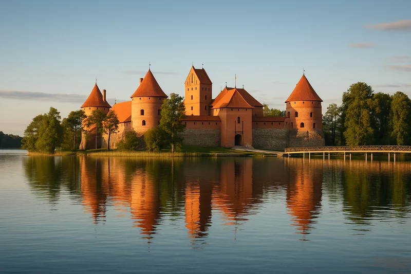 Lithuania Trakai Island Castle on Lake Galve, Lithuania, at golden hour, reflected in still water