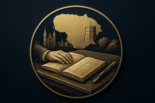 Engraved gold medallion of an appointment ledger with the Lithuania skyline