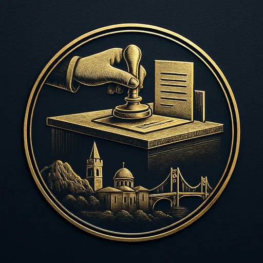 Engraved gold medallion of a document being filed with the Madeira skyline