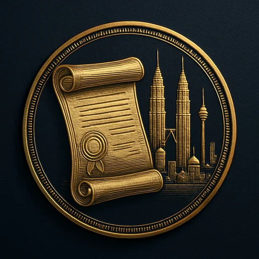 Step 3 Engraved gold medallion of an ornate certificate with the Malaysia skyline