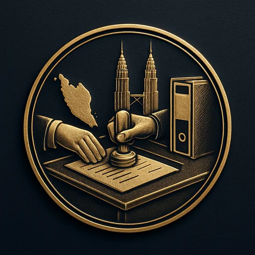 Step 2 Engraved gold medallion of a document being filed with the Malaysia skyline