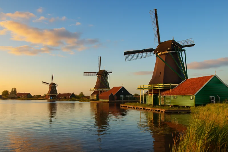 Netherlands Amsterdam canal houses at golden hour