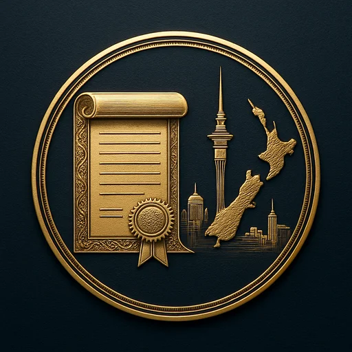 Engraved gold medallion of an ornate certificate with the New Zealand skyline
