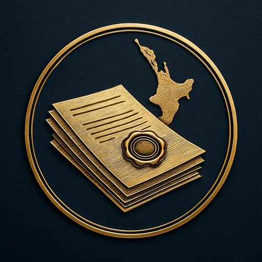 Engraved gold medallion of official documents with the New Zealand skyline