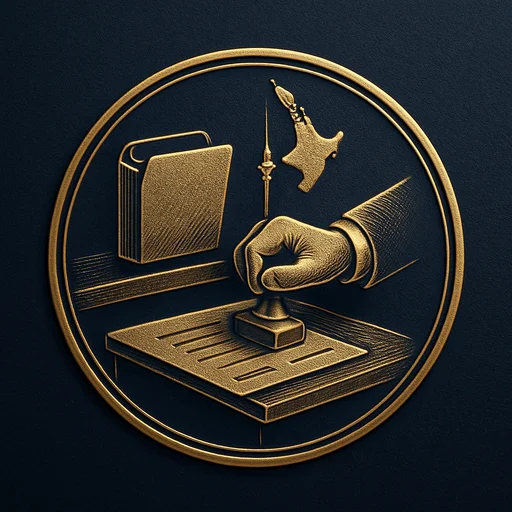Engraved gold medallion of a document being filed with the New Zealand skyline