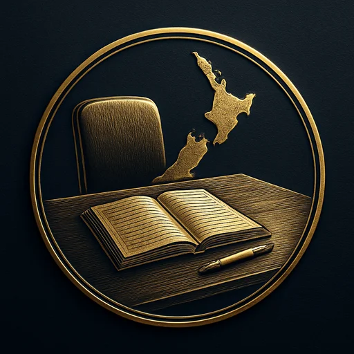 Engraved gold medallion of an appointment ledger with the New Zealand skyline