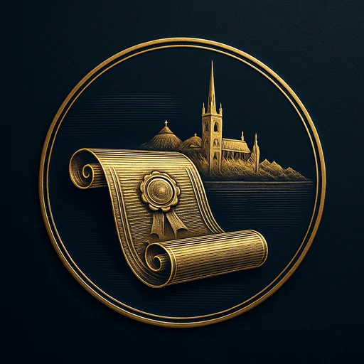Engraved gold medallion of an ornate certificate with the Norway skyline