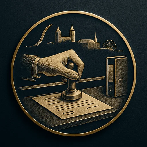 Engraved gold medallion of a document being filed with the Norway skyline