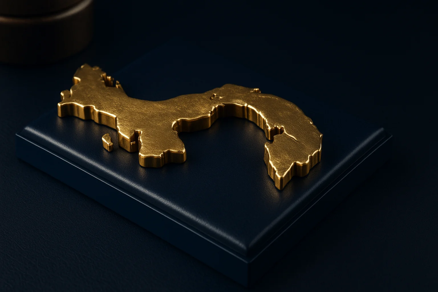Gilded relief map and metallic skyline silhouette of Panama on a navy base, studio-lit still life