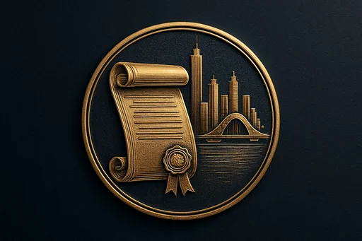 Engraved gold medallion of an ornate certificate with the Panama skyline