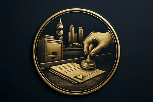 Engraved gold medallion of a document being filed with the Panama skyline