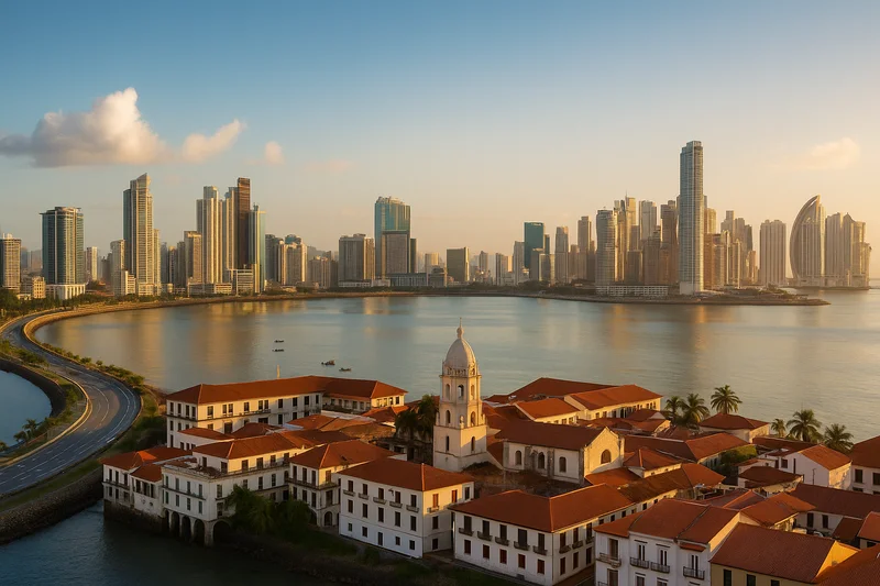 Panama Casco Viejo old town in front of the modern Panama City skyline, Panama, at golden hour