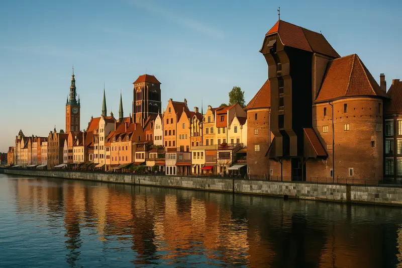 Poland Motlawa riverfront in Gdansk, Poland, at golden hour, with the historic Crane (Zuraw) landmark and waterfront townhouses