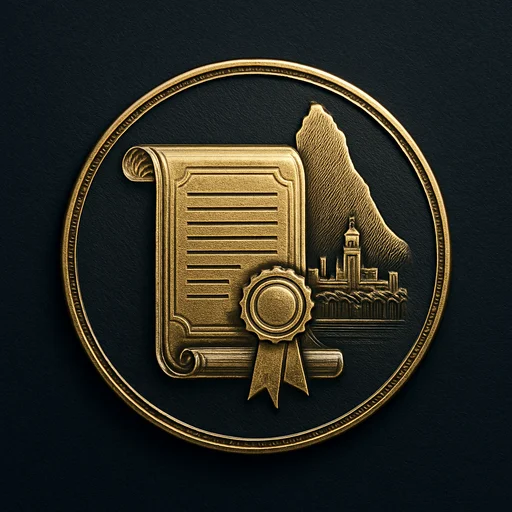 Engraved gold medallion of an ornate certificate with the Saint Lucia skyline