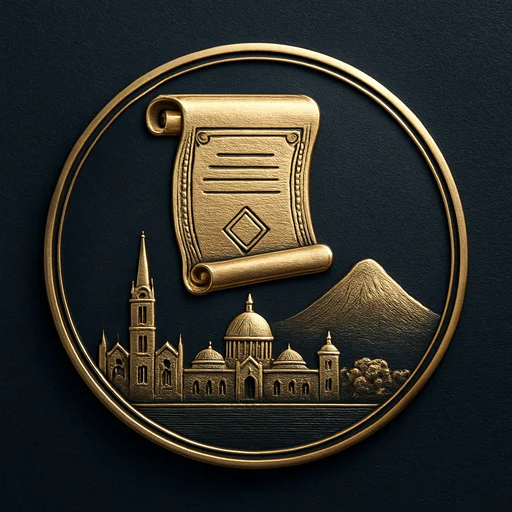 Engraved gold medallion of an ornate certificate with the Saint Vincent and the Grenadines skyline