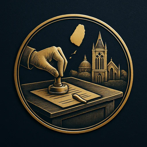 Engraved gold medallion of a document being filed with the Saint Vincent and the Grenadines skyline