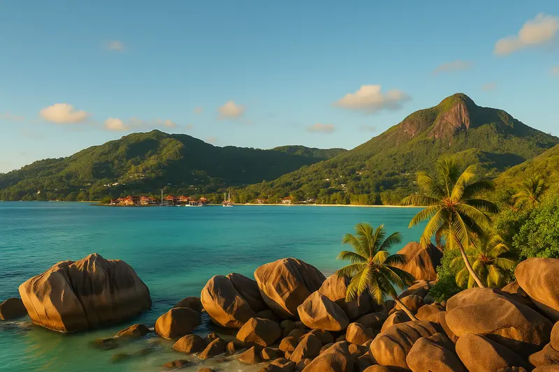 Seychelles Granite boulders and palm trees on a turquoise-water beach, Seychelles, at golden hour, with a forested peak behind