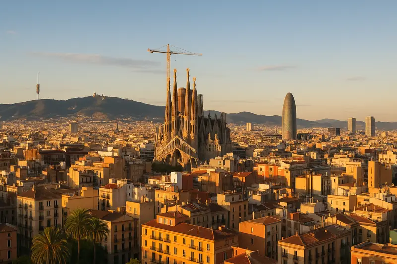Spain Barcelona skyline, Spain, at golden hour, with the Sagrada Familia spires visible among the rooftops