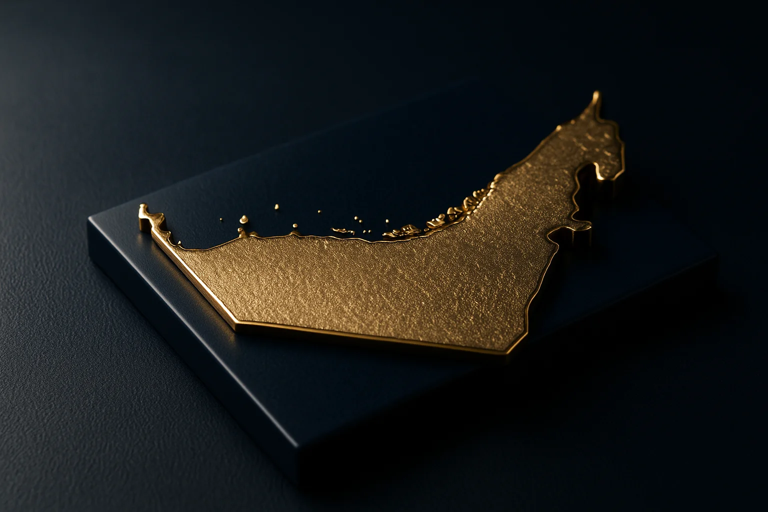Gilded relief map and metallic skyline silhouette of UAE on a navy base, studio-lit still life
