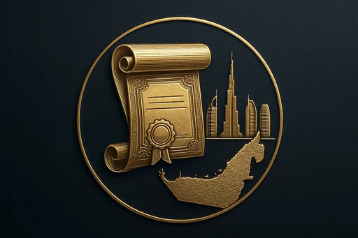 Engraved gold medallion of an ornate certificate with the UAE skyline