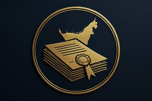 Engraved gold medallion of official documents with the UAE skyline