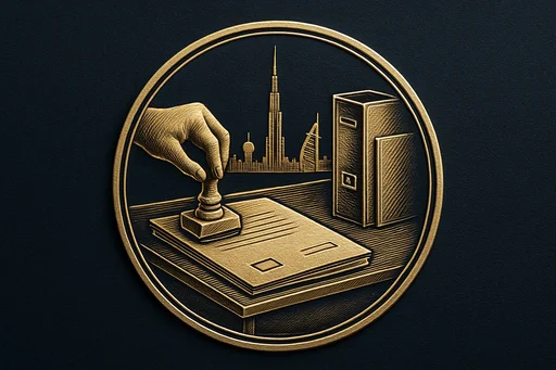 Engraved gold medallion of a document being filed with the UAE skyline
