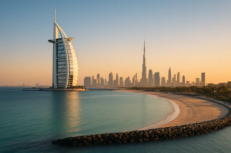 Burj Al Arab and the Dubai skyline including Burj Khalifa, viewed from Jumeirah Beach at sunset