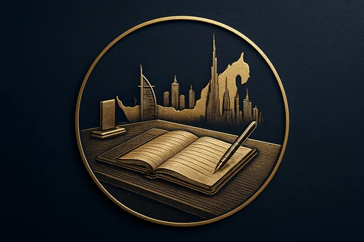 Engraved gold medallion of an appointment ledger with the UAE skyline