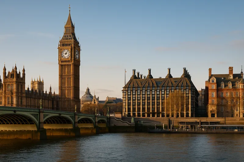 United Kingdom Big Ben and Westminster Bridge over the River Thames, London, United Kingdom, at golden hour